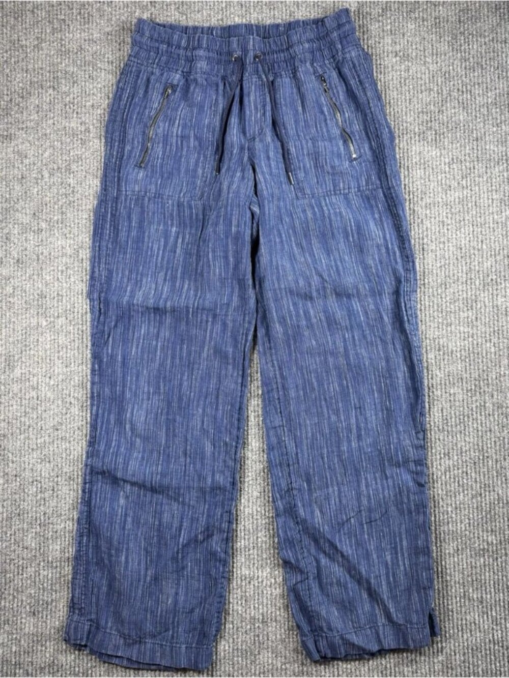 Athleta Cabo Pants Womens 8 Blue Wide Leg 100% Linen Textured Pull On Drawstring